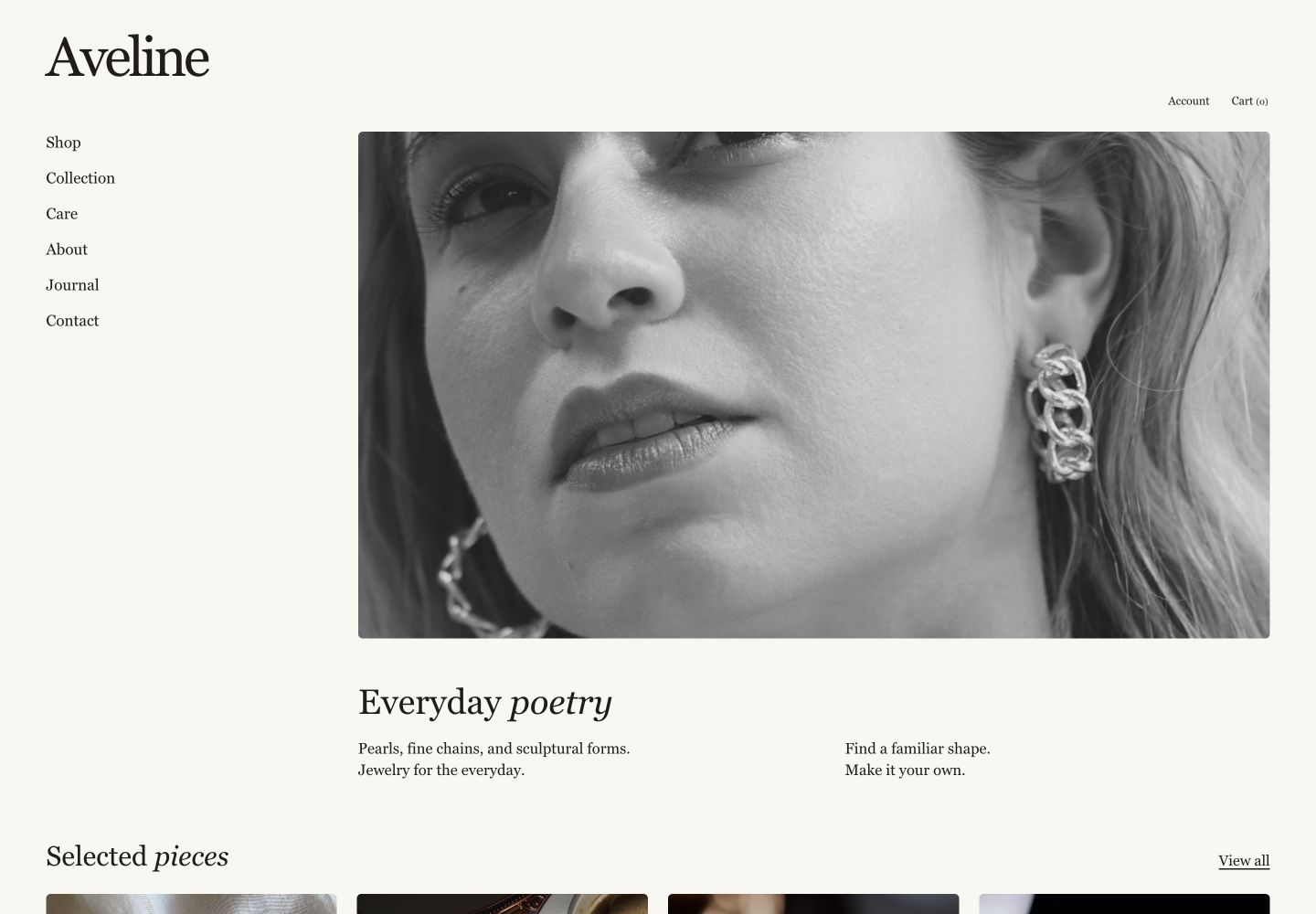Aveline website with its opening message, photography and navigation