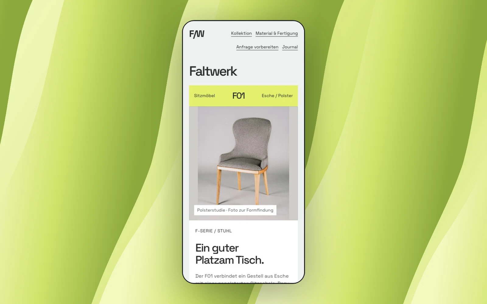 Faltwerk mobile website on a coloured backdrop