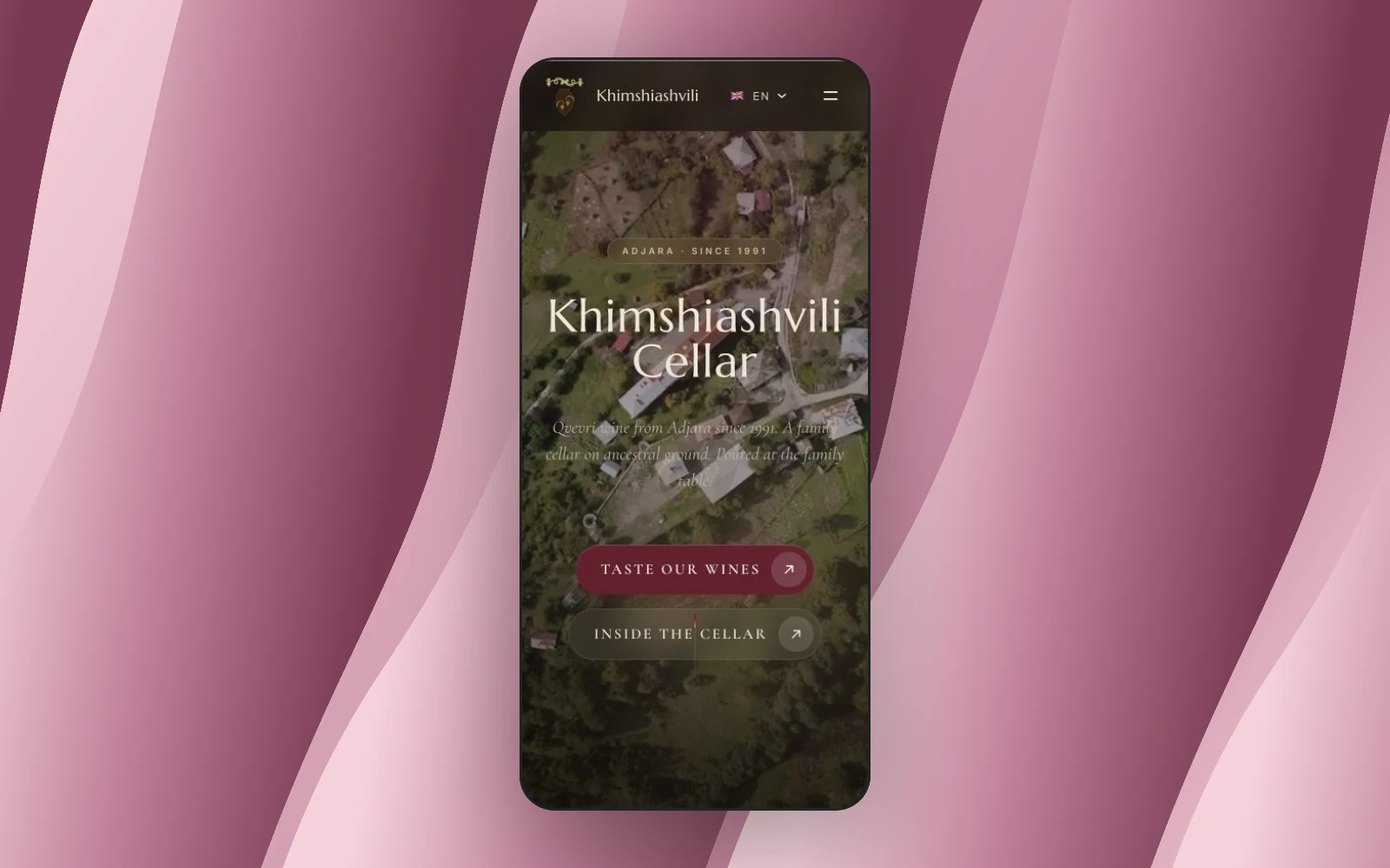 Khimshiashvili Cellar mobile website on a coloured backdrop