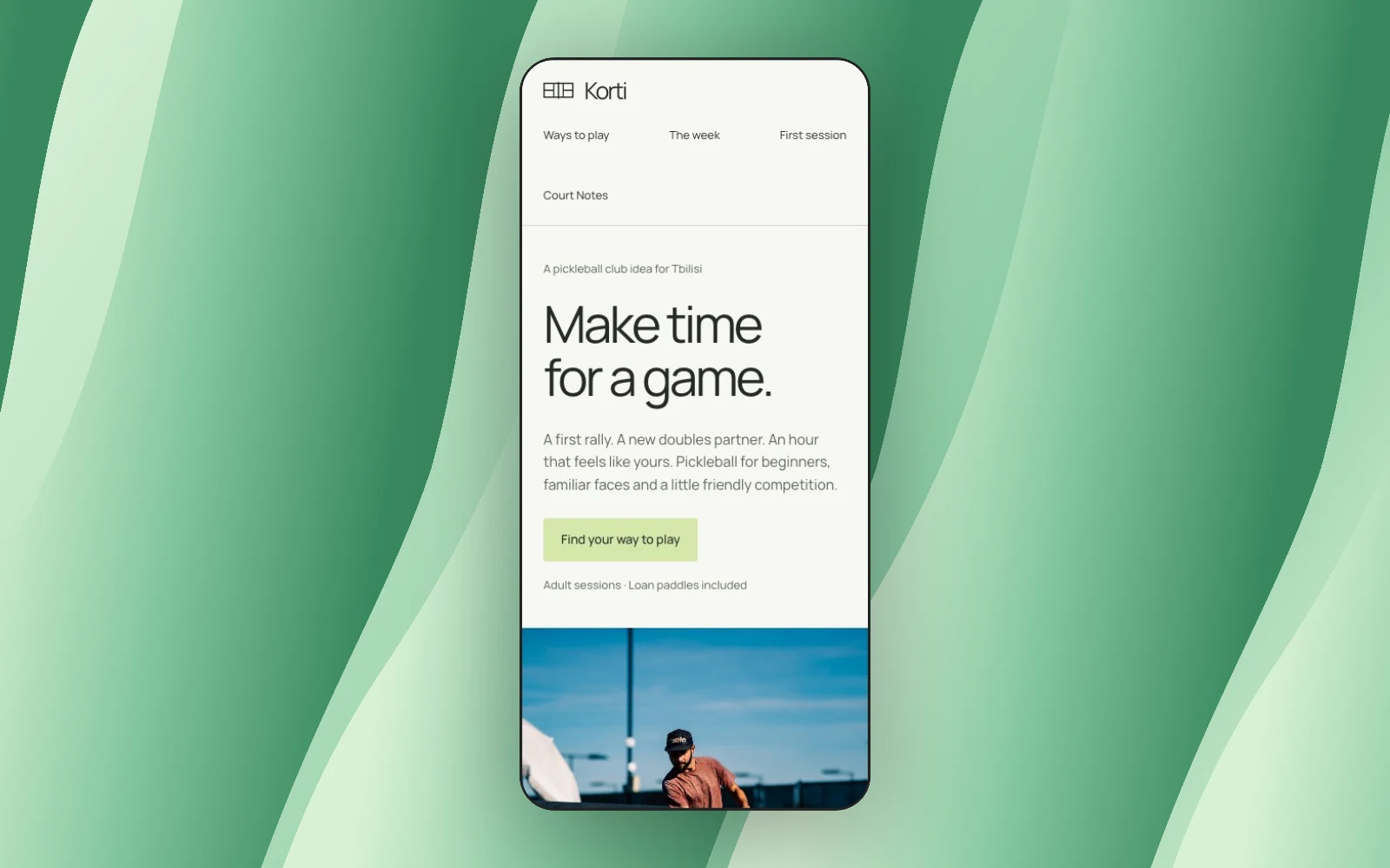 Korti mobile website on a coloured backdrop