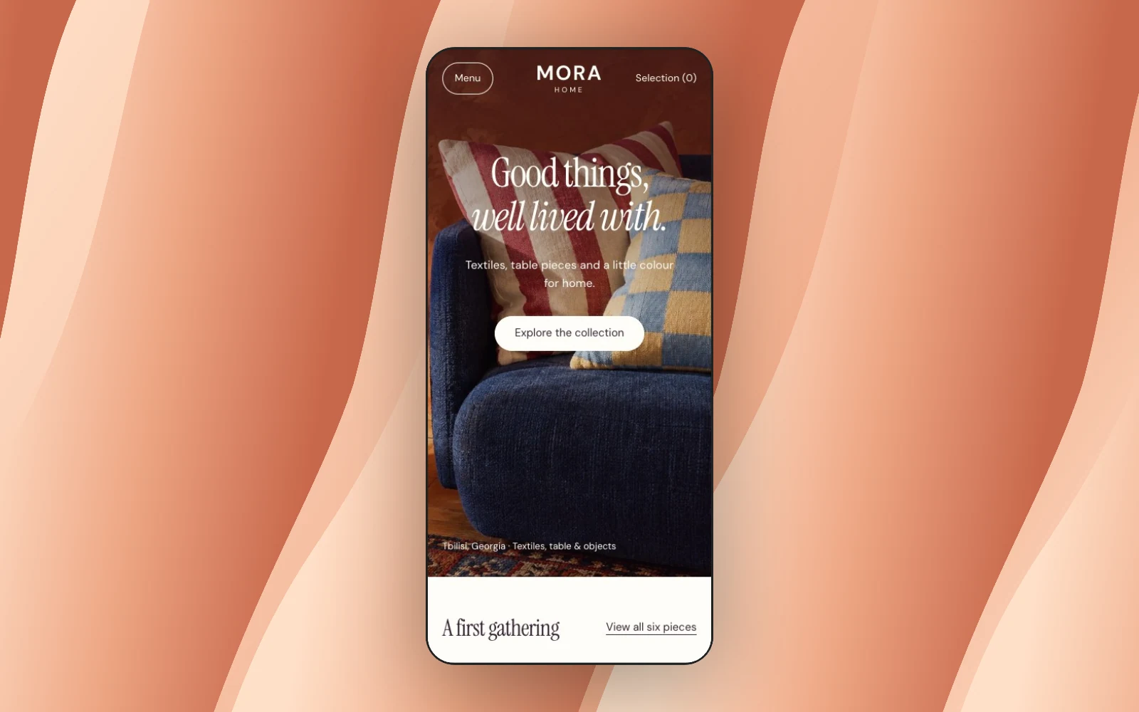 Mora Home mobile website on a coloured backdrop