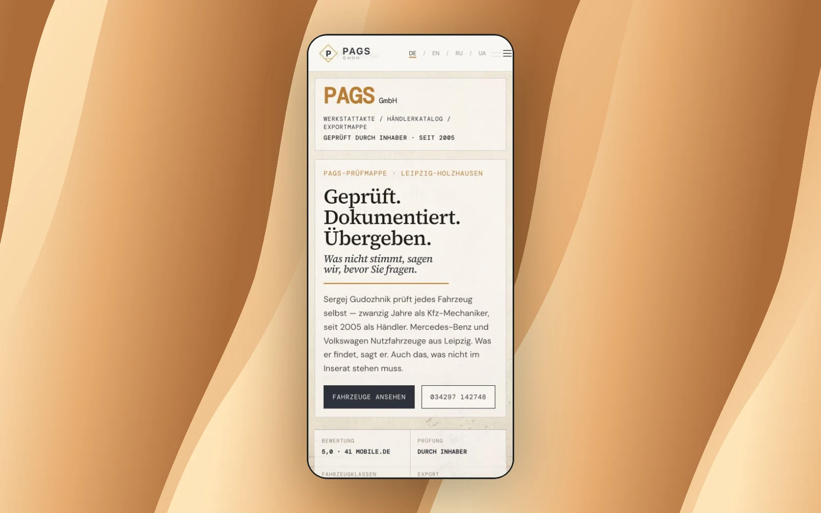 PAGS GmbH mobile website on a coloured backdrop