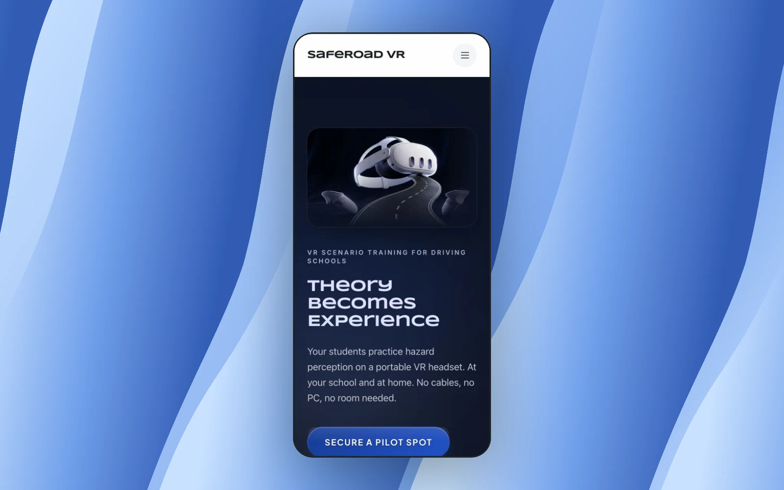 SafeRoad VR mobile website on a coloured backdrop