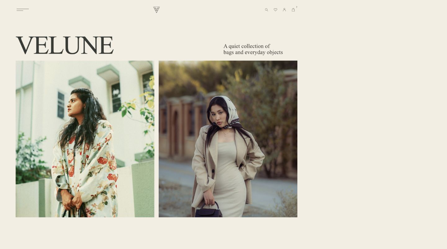 A finished VELUNE website with editorial imagery and shop navigation