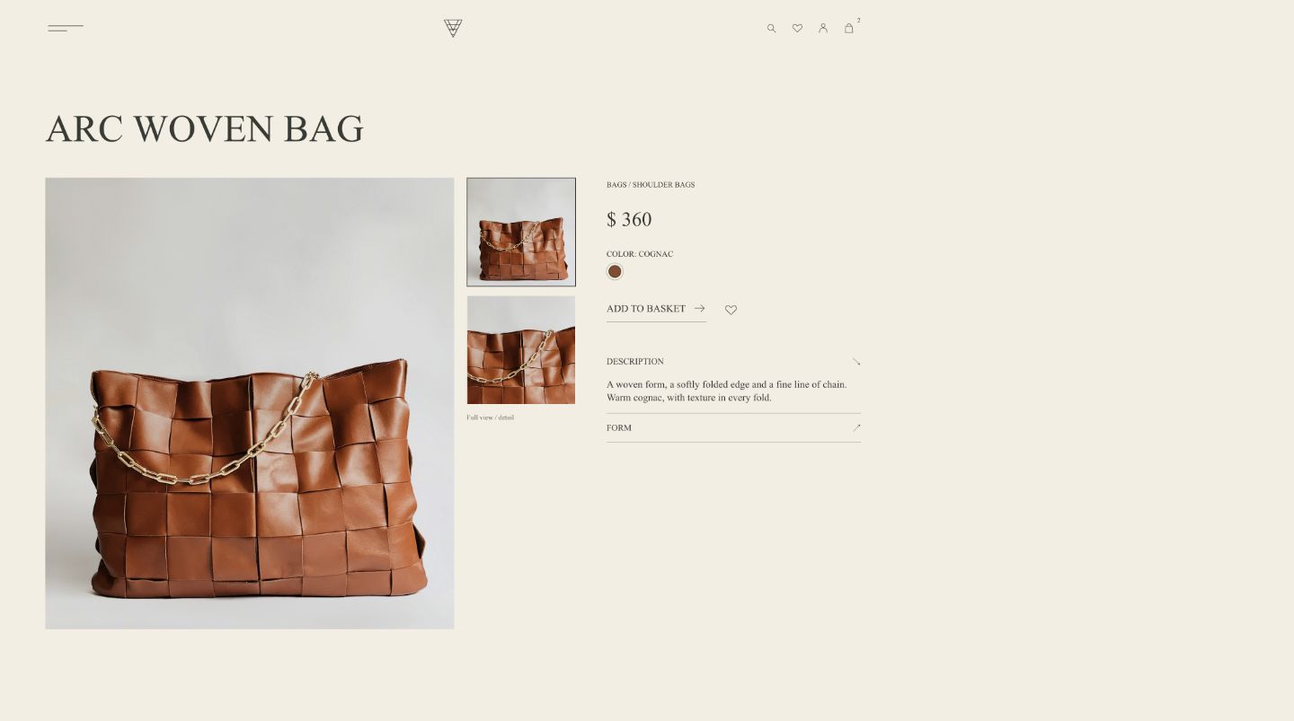VELUNE product page for the Arc woven bag